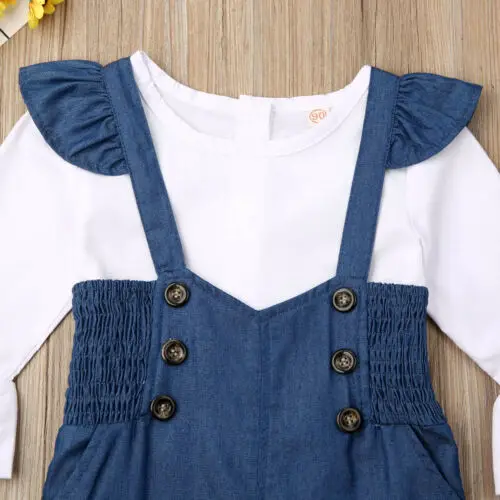 Детский джинсовый комбинезон с расклешенными рукавами на бретелях | Мать и