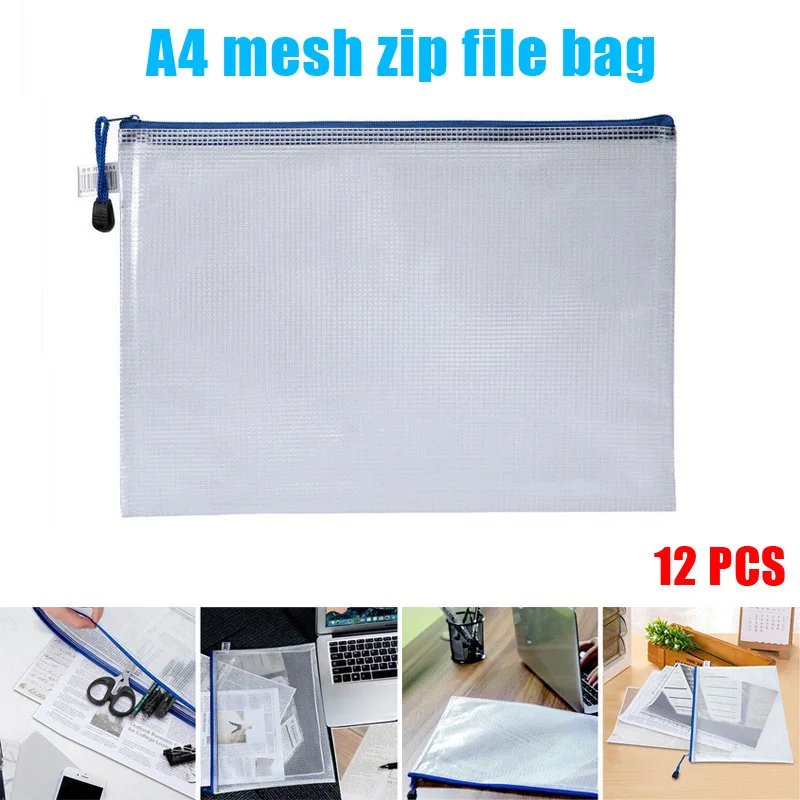 

New Hot 12pcs Files Zipper Bag Waterproof Pencil Mesh Pouch Holder for Documents Cosmetic