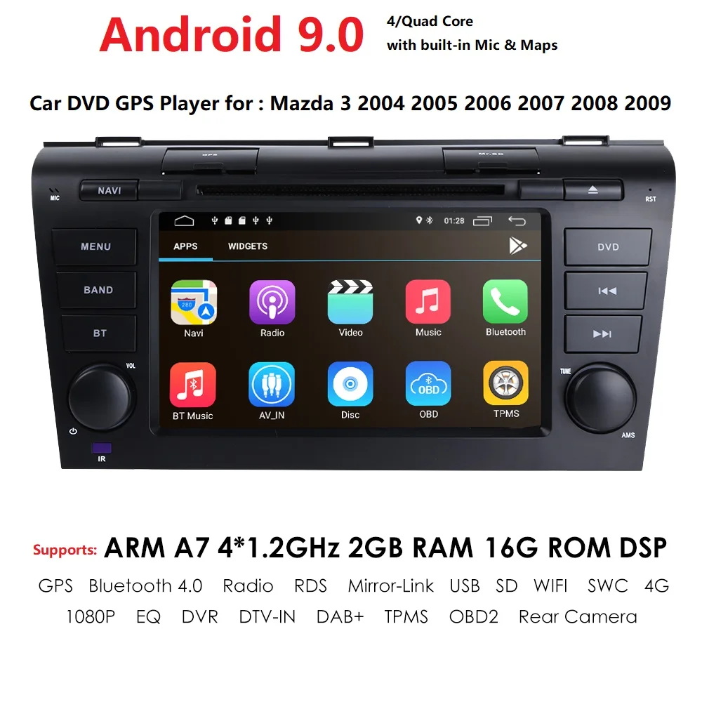 2DIN 1024*600 четырехъядерный Android9.0 подходит MAZDA3 2004 2009 автомобильный монитор dvd плеер
