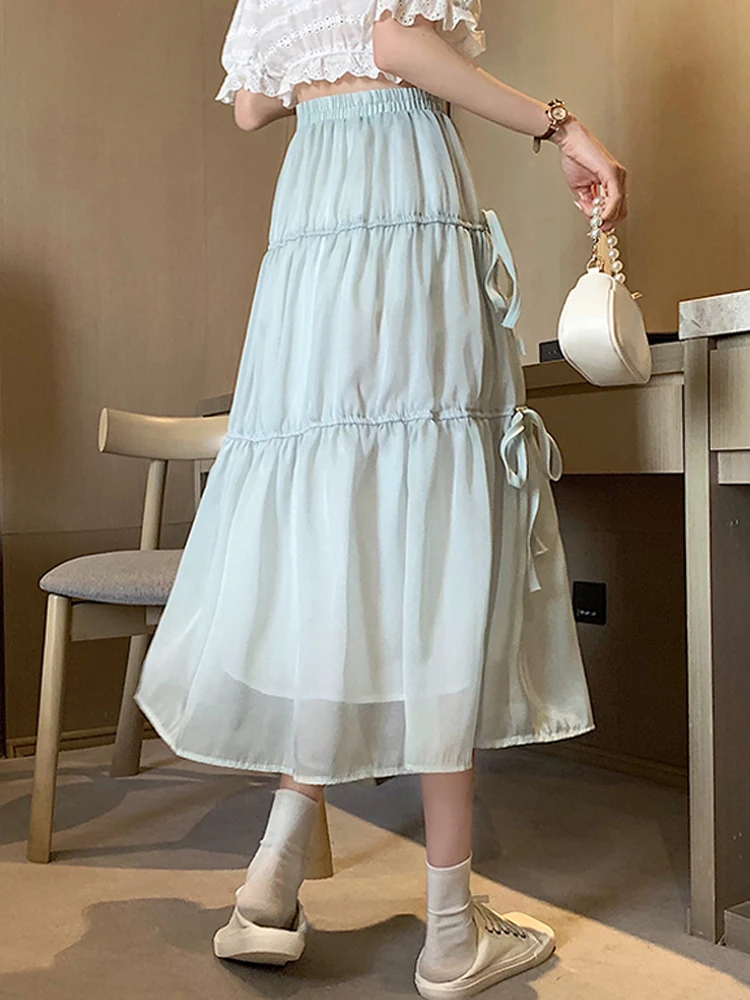 

Skirts Women Mesh Mid-calf Lace Up Fairy Skirt All-match Sweet Fashion Ins Elegant Womens Faldas Voile Korean Style A-line Chic
