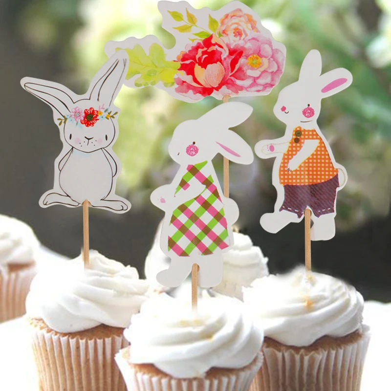 

24pcs Rabbit Cupcake Topper Easter Party Decoration Bunny Cake Toppers Flags Kids Birthday Cake Decor Happy Easter Decoration