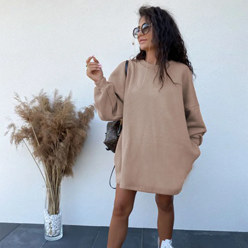 

Zoki New Women Sweatshirt Dress Long Sleeve Pullover Sweatshirt Plus Size Female Spring Autumn Loose Soild O-Neck Sweatshirt