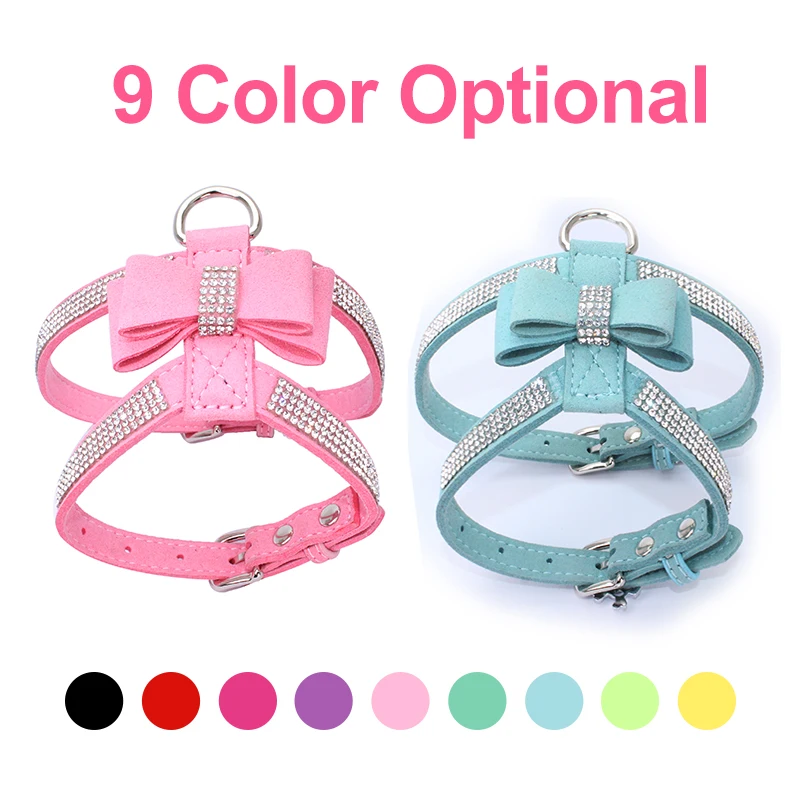 

Dog Harness Leash Suit Vest Shining Diamonds Adjustable Soft Suede Fabric Bow Rhinestone Pet Collar Harnesses For Dogs Products