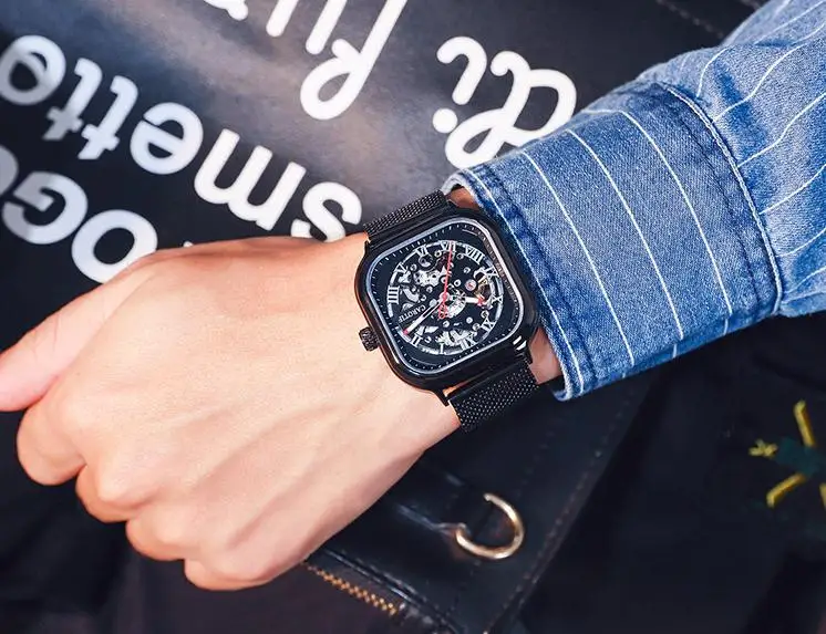 

Top Quality Brand CAROTIF Metal Mesh Belt Men Watch Montre Luxury Automatic Mechanical Watches Men Reloj Hombre Skeleton Man Bus