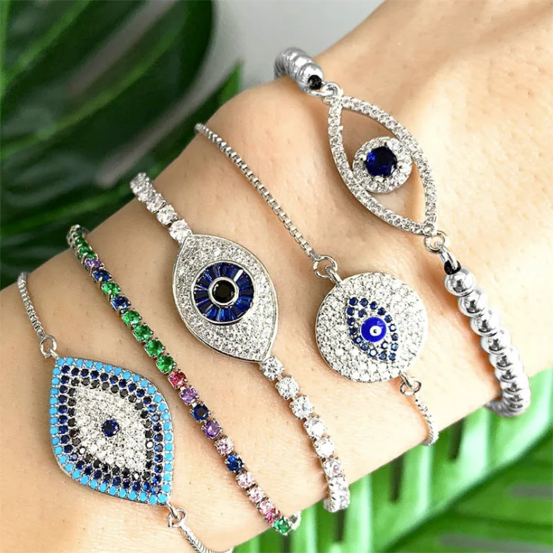 

Evil Eye Bracelets Bangles With Shiny Rhinestone For Women Female Fashion Silver Color Adjustable Bracelets Jewelry Accessories