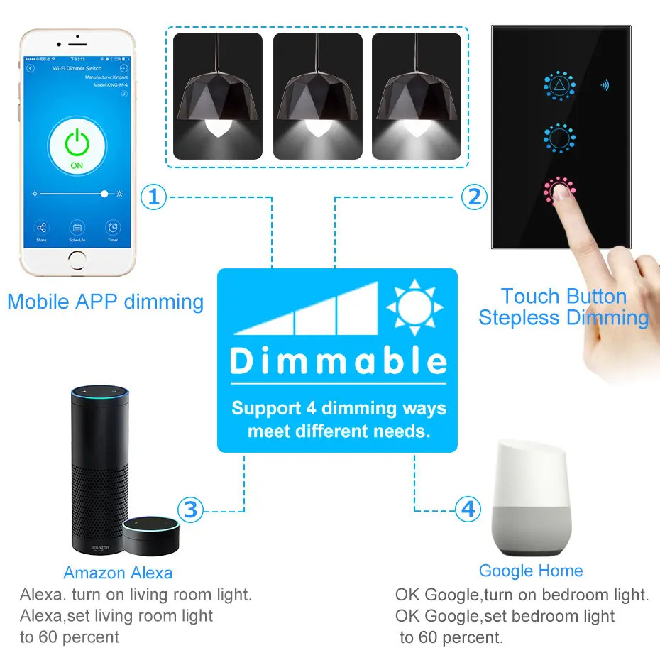 Wifi Smart Light Switch Glass Screen Touch Panel Voice Control Wireless Wall Switches Remote with Alexa Google Home 3 Gang EU/US | Лампы и