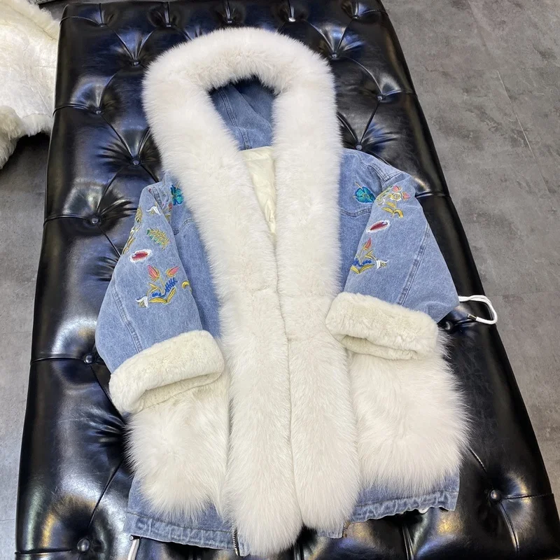 

SHZQ Denim Parka with Fur Women Duck Down Coat for Winter Jacket with Natural Fox Fur Hooded Trim Female Denim Down Coats Clothi