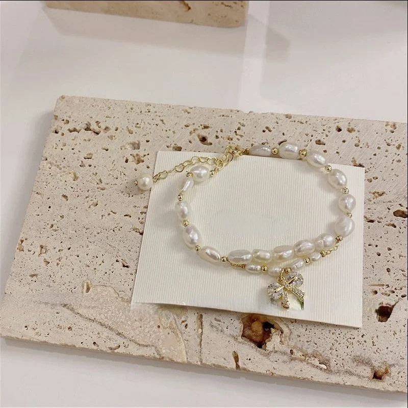 

Elegant Women Bracelet Popular Style Sweet High Quality Crystal Bow Natural Freshwater Pearls Bracelet For Girl Gifts