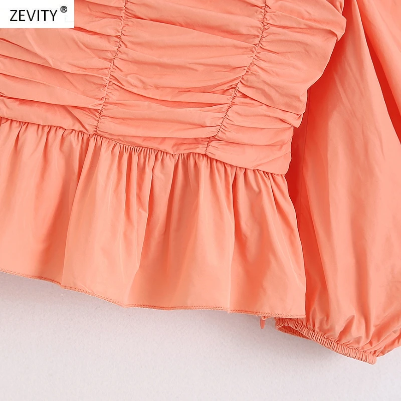 Женская однотонная плиссированная блузка с рукавами-фонариками и оборками