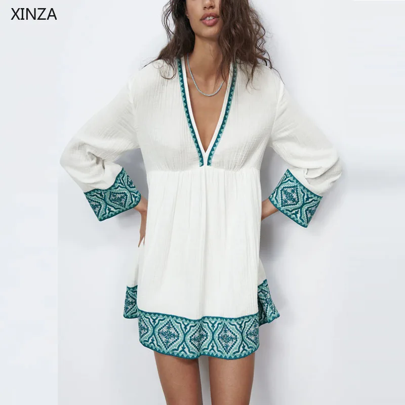 

Женское платье с длинным рукавом-фонариком, плиссированное белое свободное платье-мини с текстурированной вышивкой Za в стиле пэчворк, лето ...