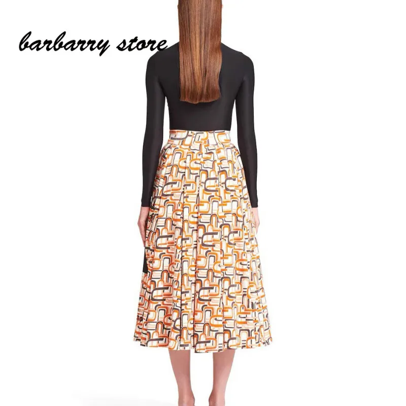 

21 luxury brand geometric printing fashion women's skirt temperament versatile dress high waist slim A-line skirt pleated skirt