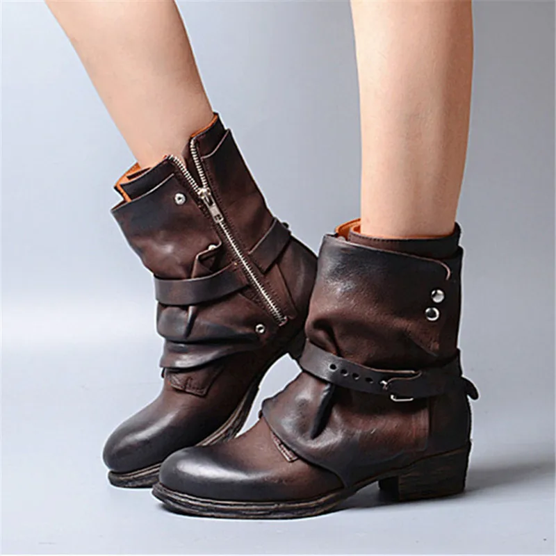 

Ботильоны женские из натуральной кожи, модные коричневые полусапожки на плоской подошве, на ремешке, обувь для верховой езды, Осень-зима