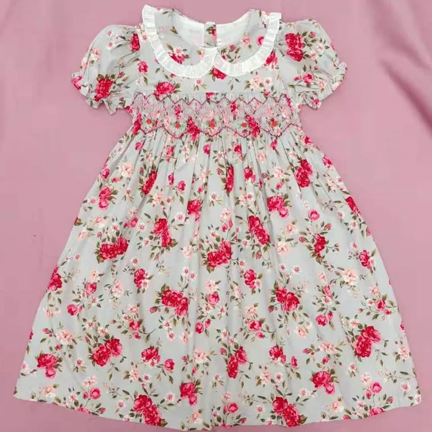 

Summer baby girls vintage floral smocking dress kids hand made embroidered solid cotton princess dress