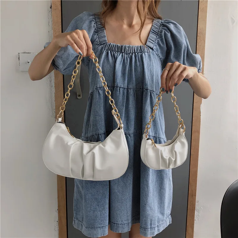 

Elegant Female Chain Tote bag 2020 Fashion New Quality PU Leather Women's Handbag Pleated Shoulder Messenger Bag Armpit bag