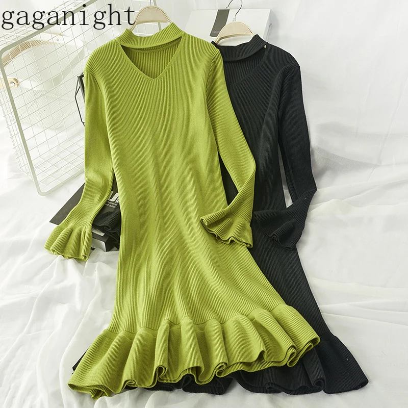 Gaganight однотонное вязаное элегантное женское платье с длинным рукавом и v-образным