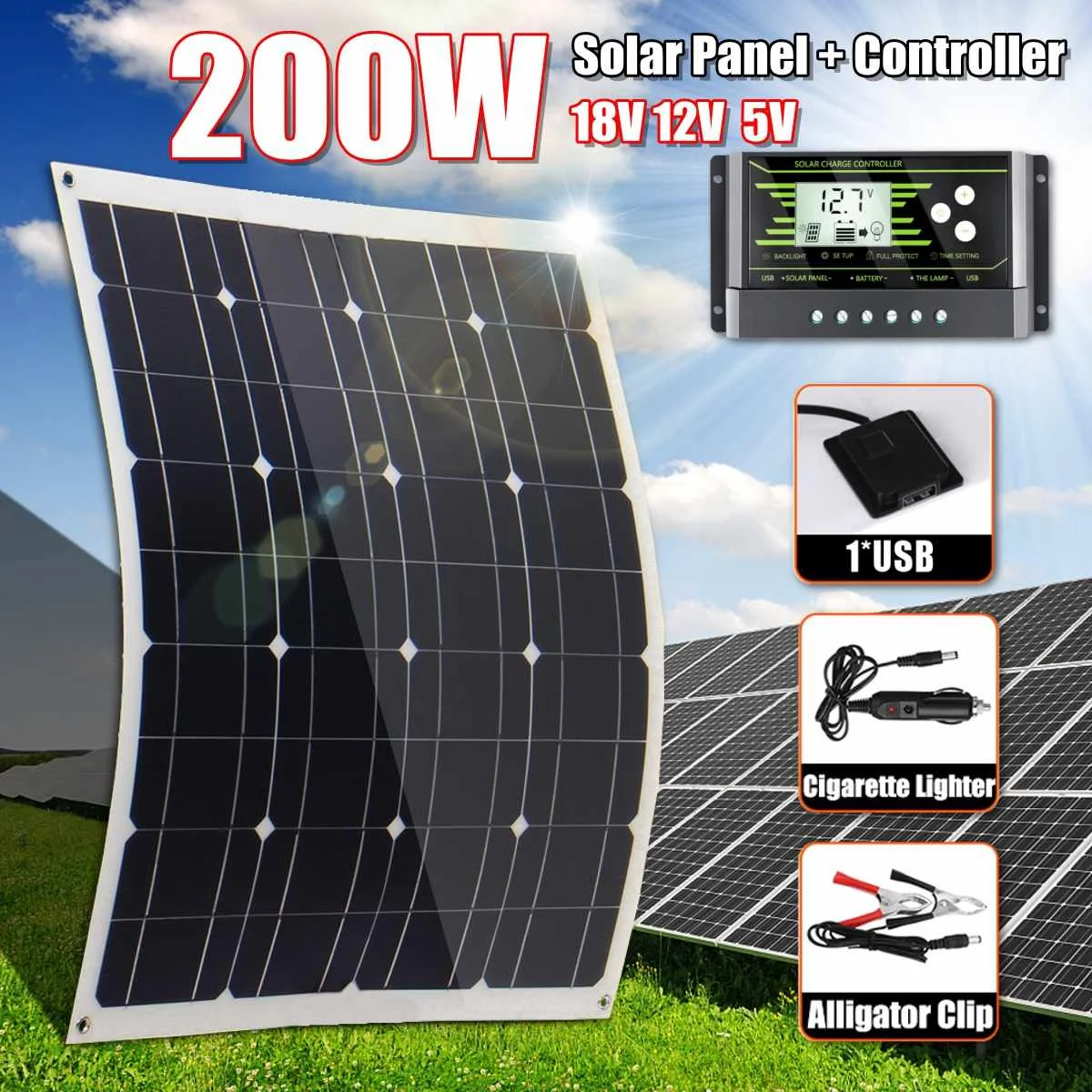 Лидер продаж 200W Панели солнечные 18V 5V гибкие батареи из монокристаллического кремния с 10/20/30A контроллер для наружного солнечного Батарея