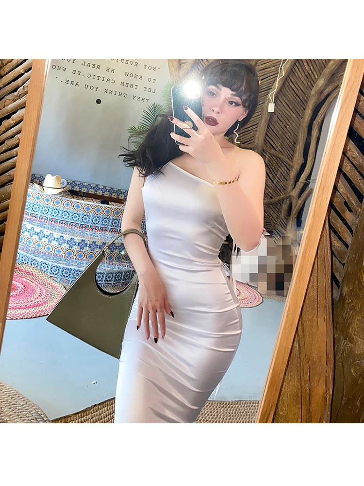 

Elegant Women One Shoulder Knee Length Party Dress Sexy Backless Bodycon White Dress Summer Vestidos