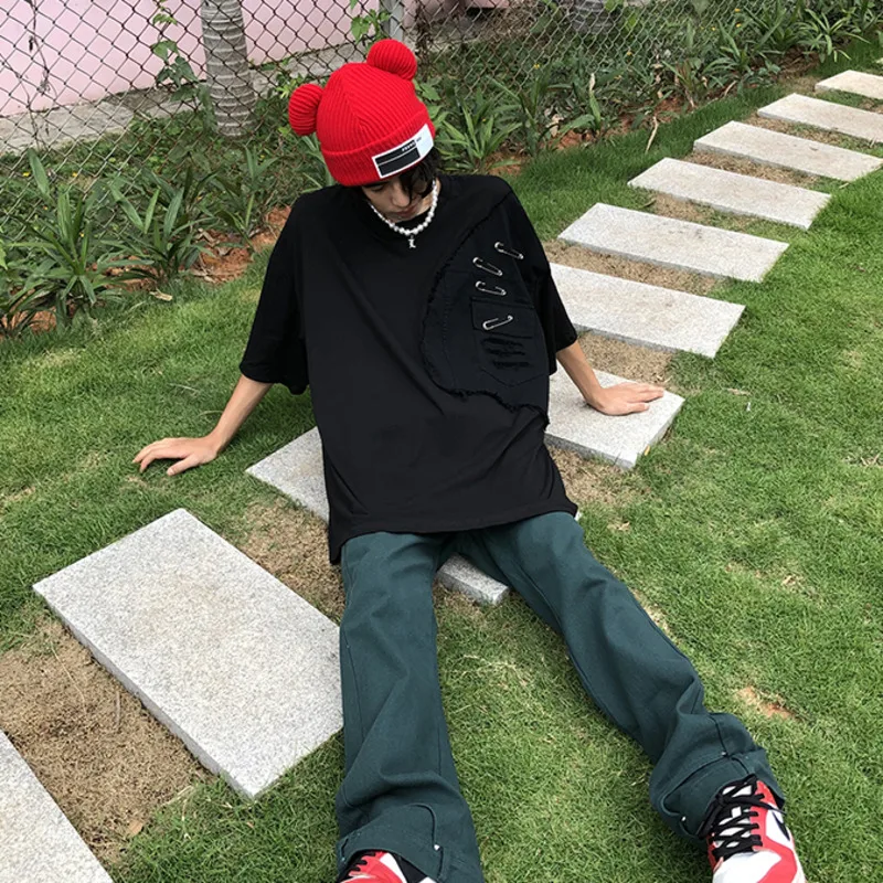 

IEFB Men's Niche Short Sleeve T-shirts Fashion Design Contrast Color Patchwork Round Collar Tee Tops Loose Streetwear Clothing