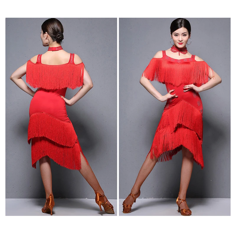 

Women Dance Clothes Ballroom Samba Costume Party Dresses Stretchy Fabric Fringes Latin Dress 3pcs Set with Necklace Under-pants