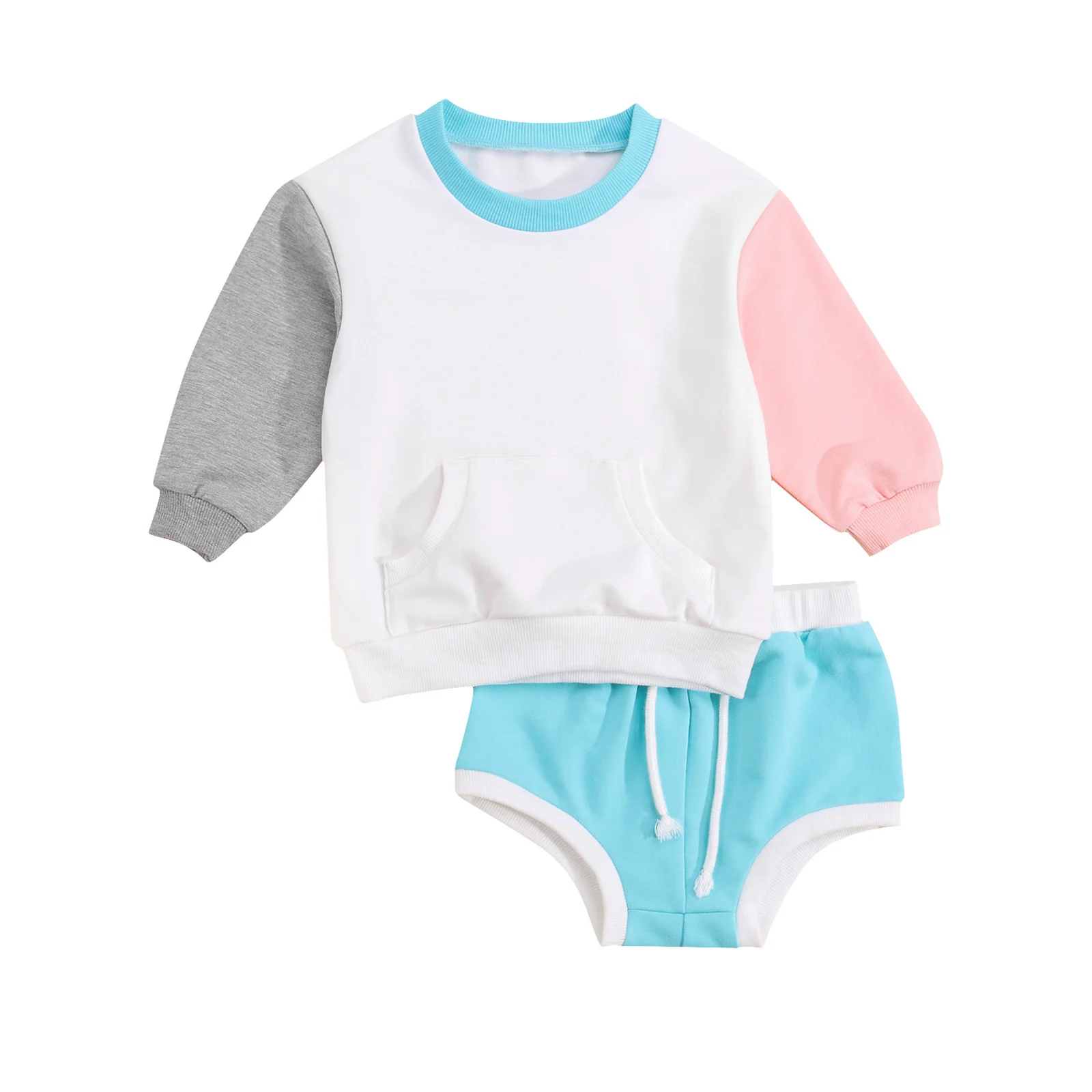 

Pudcoco 0-24M 2Pcs Toddler Newborn Kids Long Sleeve Stitching Patchwork Print Hoodie Tops+Drawstring Lace-Up Shorts Clothes Set