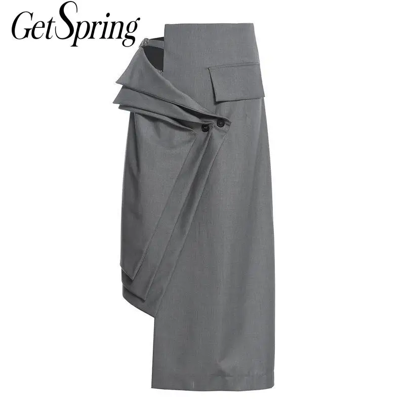 Женская Асимметричная юбка GetSpring серая с высокой талией осенняя новинка