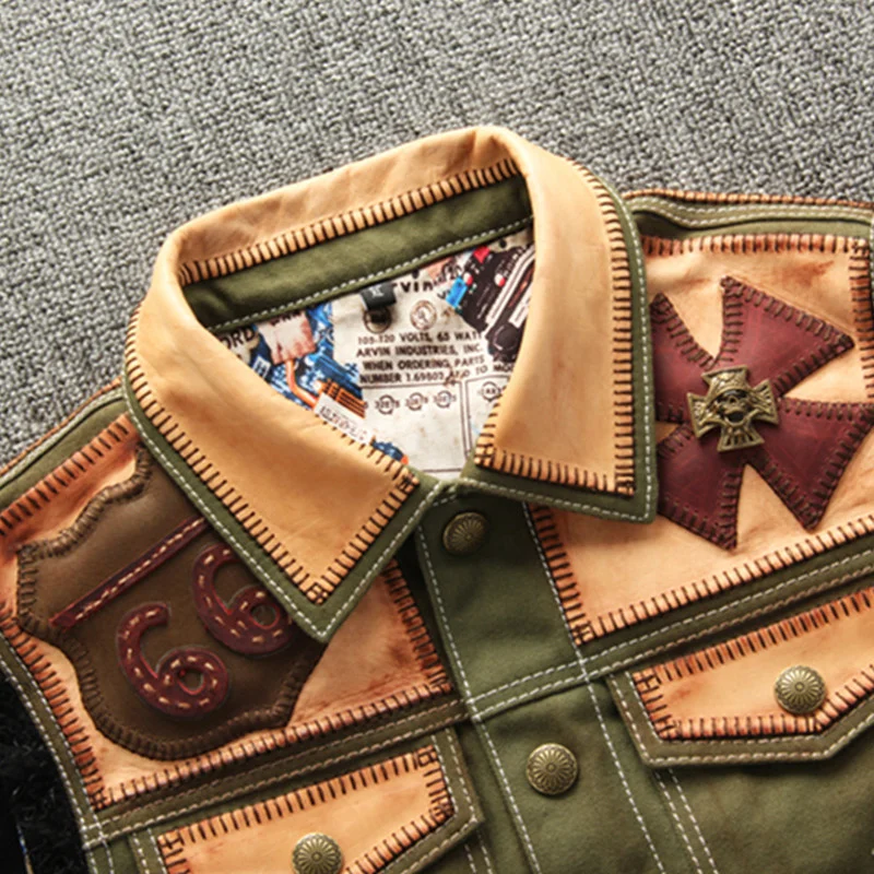 

DHL free Men's Green Motorcycle Style Embroidery Vest Genuine Leather Large Size 4XL Real Horsehide Splicing Slim Fit Biker Vest