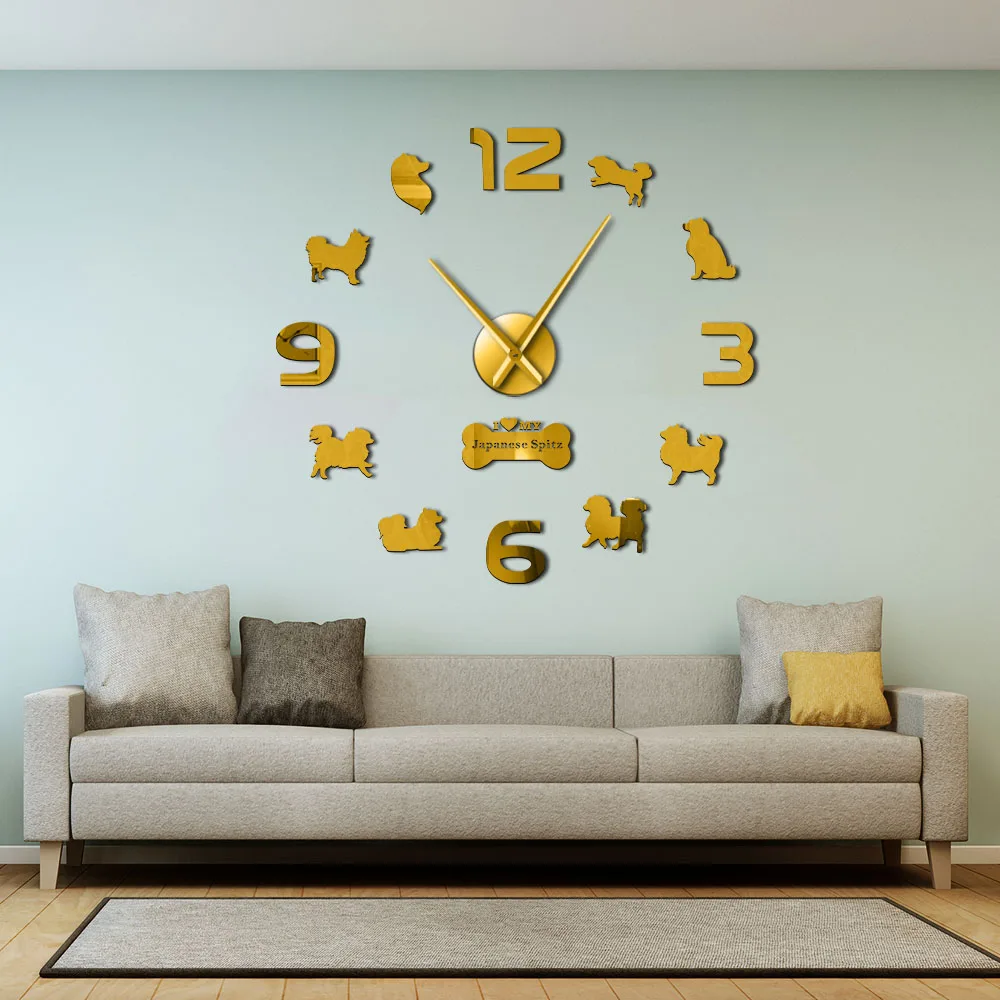 Puppy Pet Shop DIY Silent Frameless Giant Wall Clock Japanese Spitz Dog Timepiece Non ticking Watch Home Living Room Decor | Дом и сад