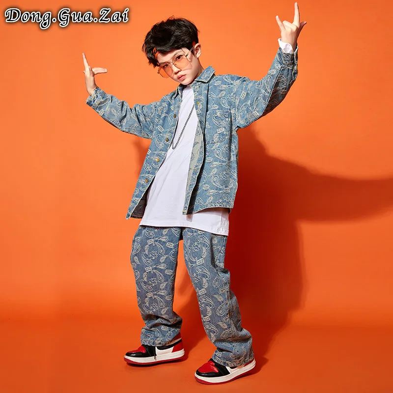 Новый детский джинсовый костюм с принтом в стиле хип хоп для осени уличный танцев