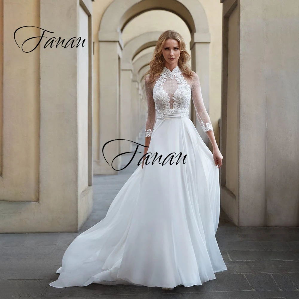 

High Neck Three Quarter Sleeve Chiffon Wedding Dresses Lace Appliques See-Through Bridal Gown robe de soirée de mariage платье