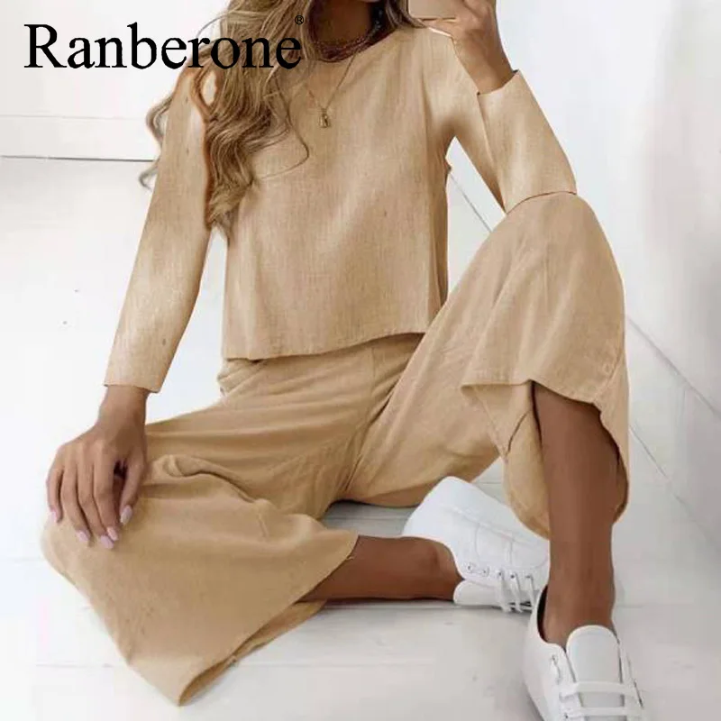 

Повседневный Спортивный костюм Ranberone из двух предметов, женские комплекты, Топ с длинным рукавом + однотонные спортивные штаны, Женский комп...