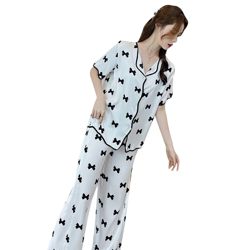 Ice Silk Pajamas Women's Summer Sexy Sleepwear Short Sleeve Pants Printed Two-piece Bow Thin Home Wear Female Nightwear