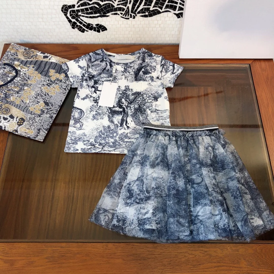

Designer Children's Clothing Kids Girl Sets Summer 2021 New Fashion Animal Print T-shirt And Mesh Skirt 2Pcs Cotton Baby Clothes