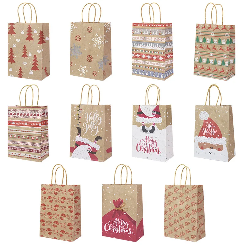 

5pcs Kraft Paper Bags Snowman Xmas Tree Christmas Gift Bags with Handle 11 Styles Cookie Packaging Bags Xmas Party Favor Boxes