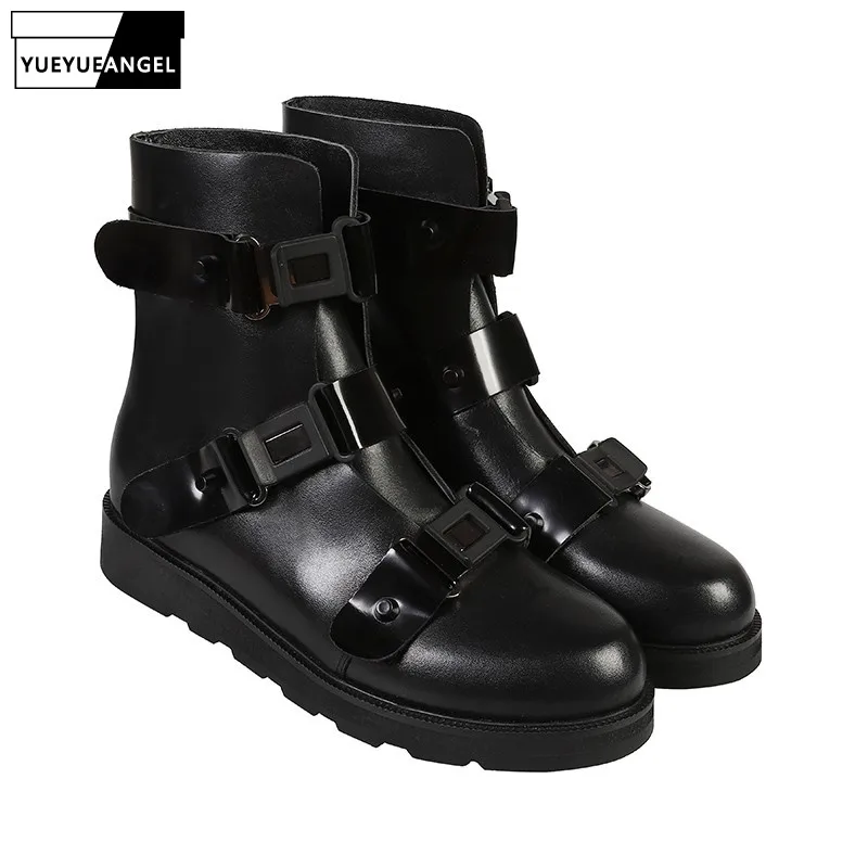 

Fashion Winter Women Thick Platform Biker Ankle Boots Buckle Leather Riding Boots Round Toe Flats High Top Punk Casual Shoes