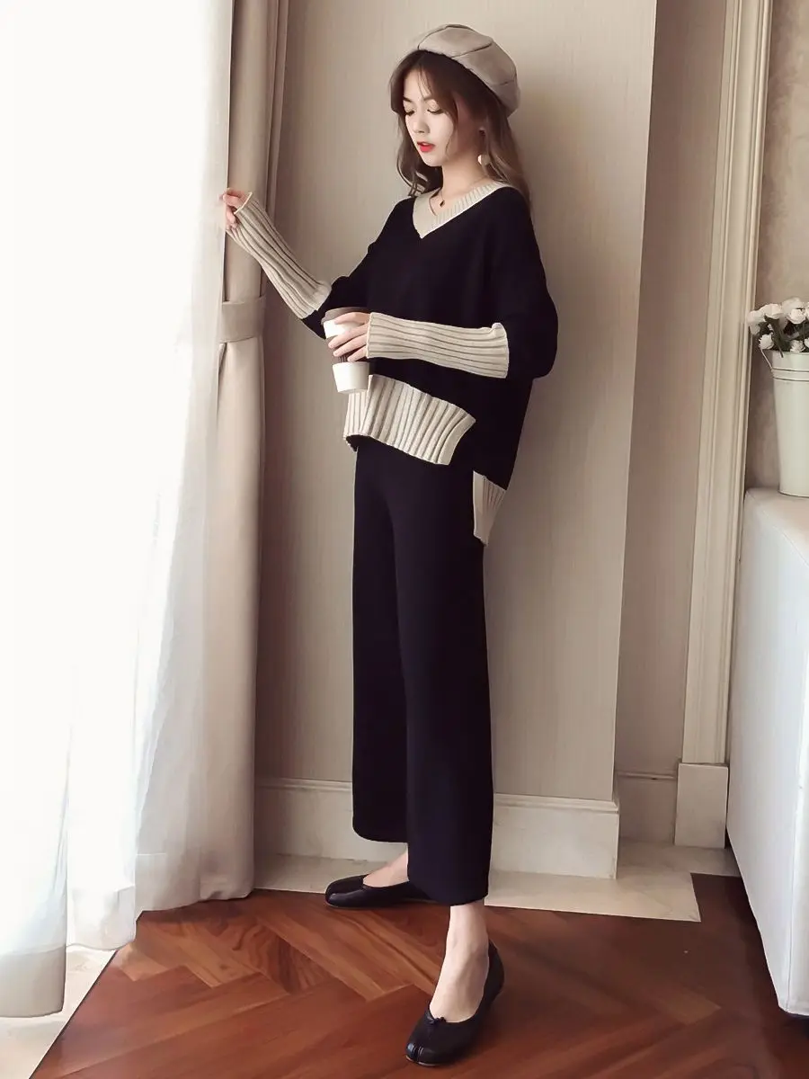 

Suit Female Temperament Of Autumn Outfit New Web Celebrity Fashion Knitting Coat wide-legged Pants Goddess Brim Two Suits