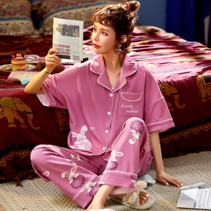 

Plus Size M-4XL Summer Cotton Women Pajamas Set Lapel Cool Loose Pyjamas Leisure Shirts+Trousers Sleepwear Soft Fashion Homewear