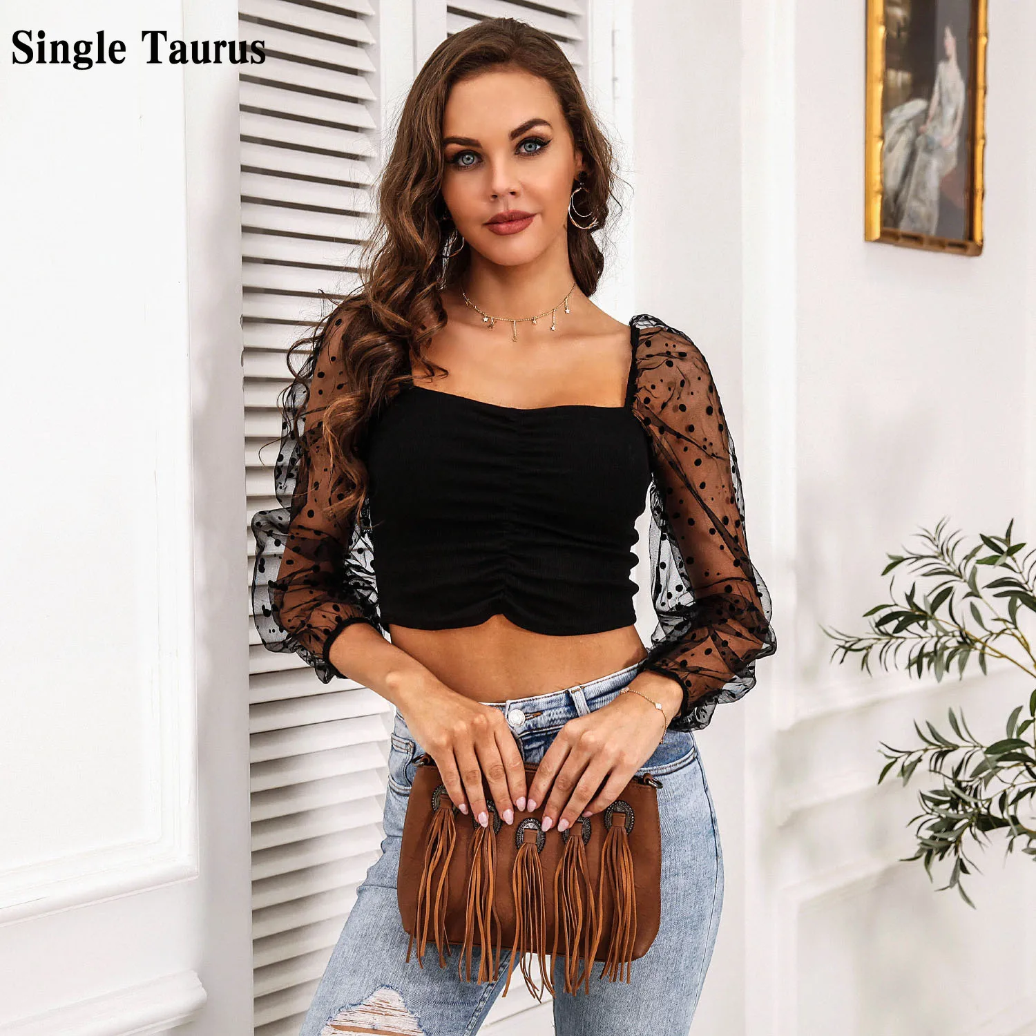 

Polka Dot Black Women Blouse 2021 Spring Fall Lantern Long Sleeve Lace Slash Neck Slim Short Length Blusas Para Mujer Corset Top