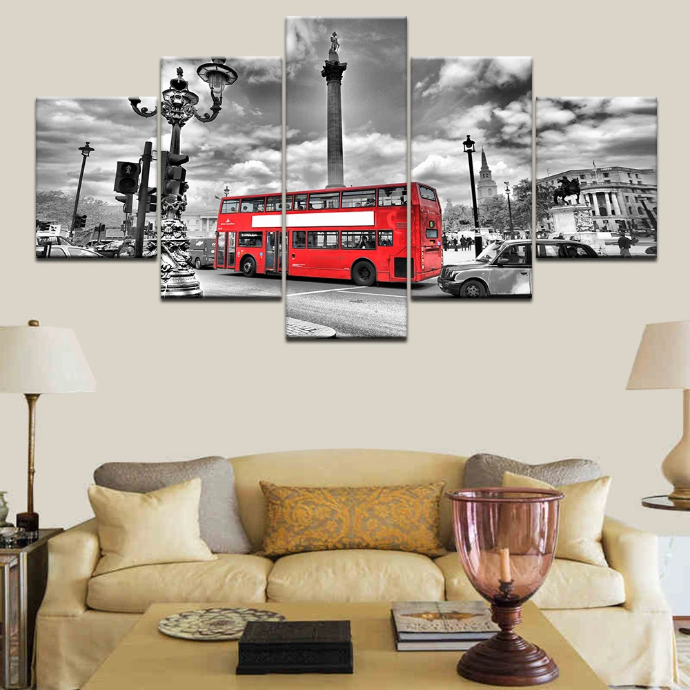 

HD Printed Modern Painting On Canvas 5 Panel City Scenery Red Bus Modular Picture Wall Art Home Decoration Posters Frame Bedroom