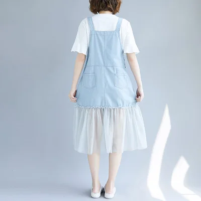 Summer Pregnant Women Loose Pockets A Line Denim Jeans Suspender Dress Maternity Tank Dress Sleeveless Jeans Mesh Dress Clothes