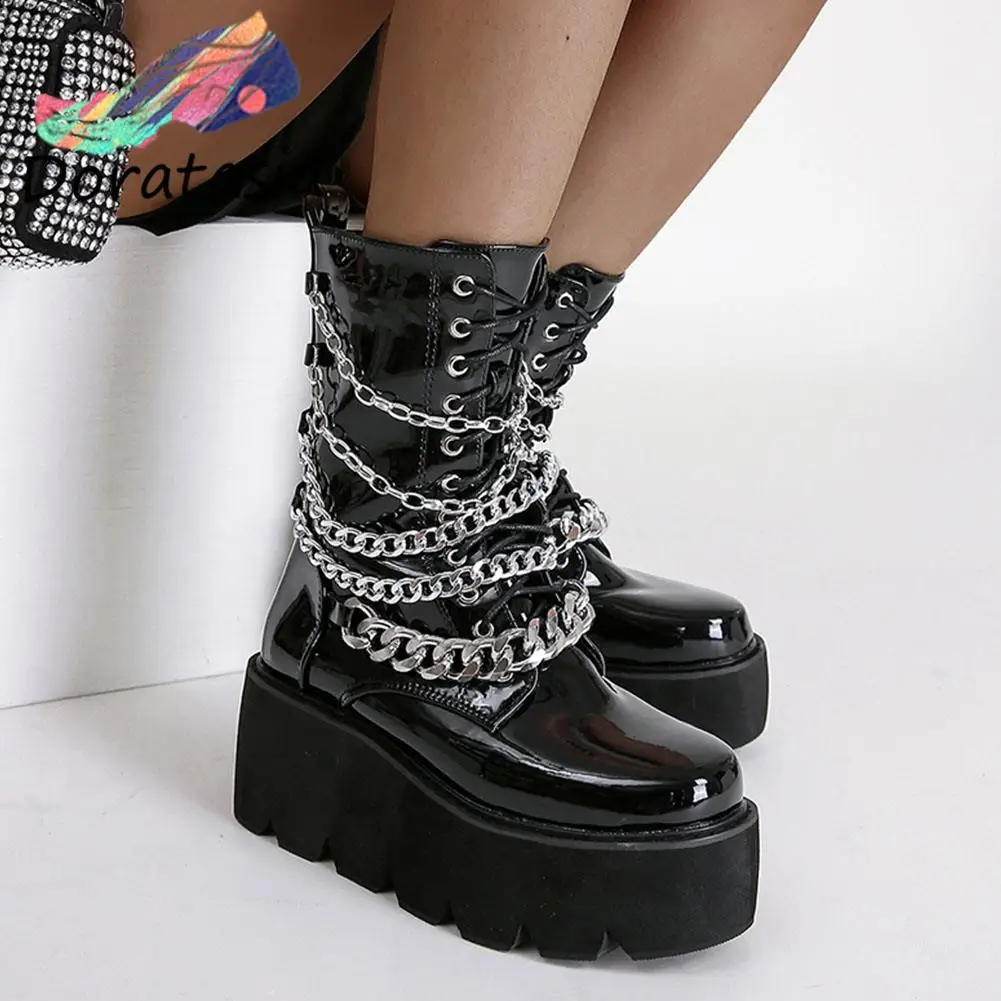 

DORATASIA Cool Fashion Female Motorcycle Boots Zipper Solid High Heel Boots Platform Winter Wedges Thick Bottom Women's Shoes