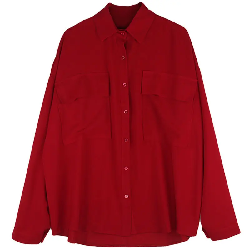 Autumn Womens Loose Blouse Shirts Blusas Long Sleeve Pockets Solid Oversized Blouses Vintage Women Tops Red Wine Outwear Femme |