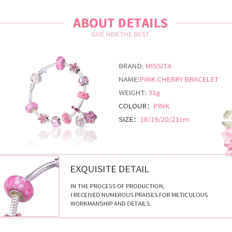 

MISSITA 2019 NEW Pink Cherry Blossoms Charm Bracelet Murano Beads Bracelets for Women Anniversary Brand Gift Dropshipping