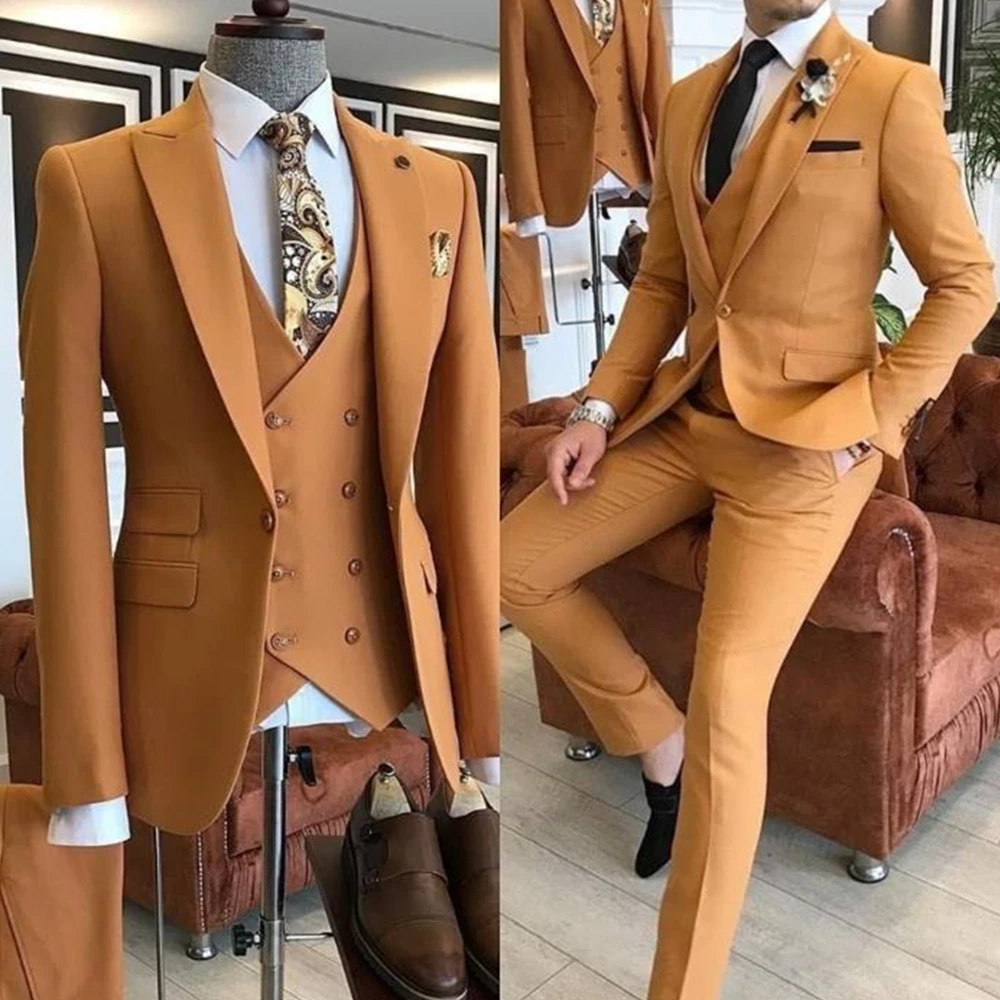 

Мужской повседневный пиджак с лацканами, желтый пиджак на одной пуговице, облегающий пиджак, 3 предмета, индивидуальный пошив, 2022