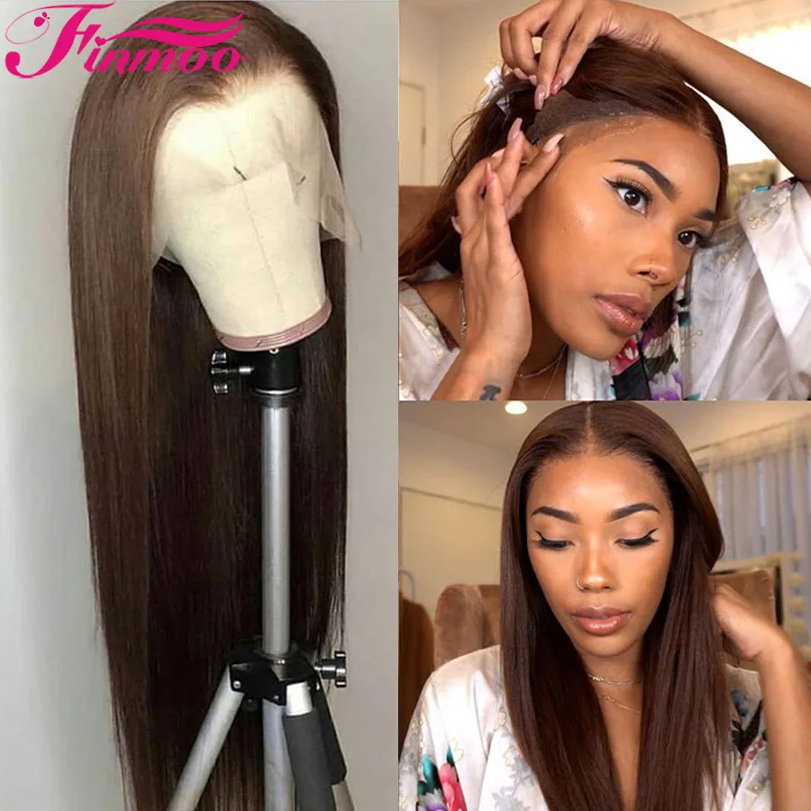 Натуральные/#4 коричневые цветные Омбре без клея прямые кружевные передние