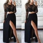 Костюм женский из двух предметов, кружевной, черный, с топом с длинным рукавом и юбкой