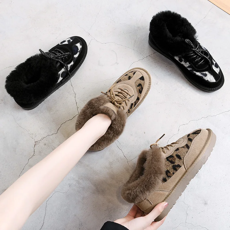 2019 New Fashion Women Winter Lace-Up Leopard Print Casual Shoes Ladies Flats Warm Ankle Boots Snow | Обувь
