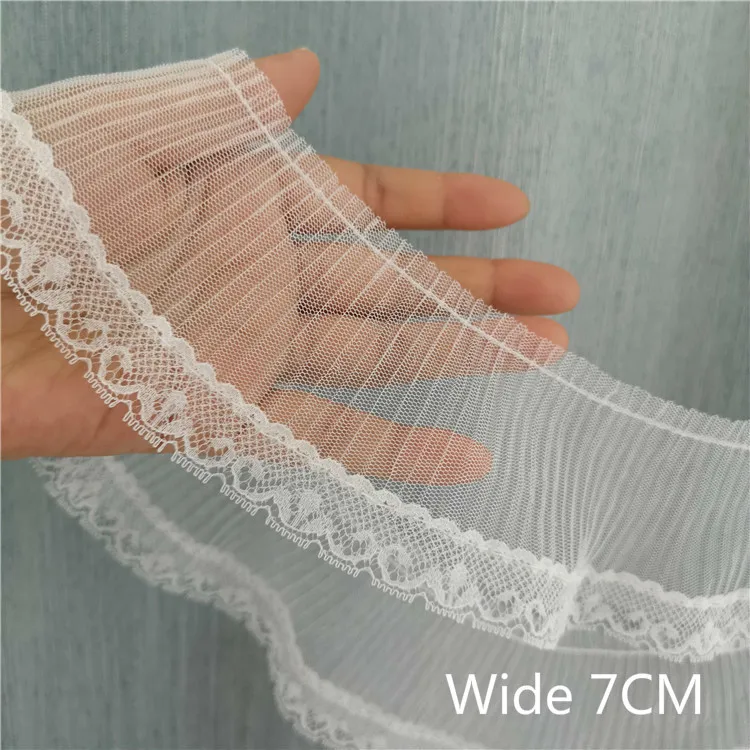 

7CM Wide White Elastic Chiffon Tulle Lace Ruffle Trim Embroidered Ribbons For Folded Sewing Women Dress Collar Applique Guipure