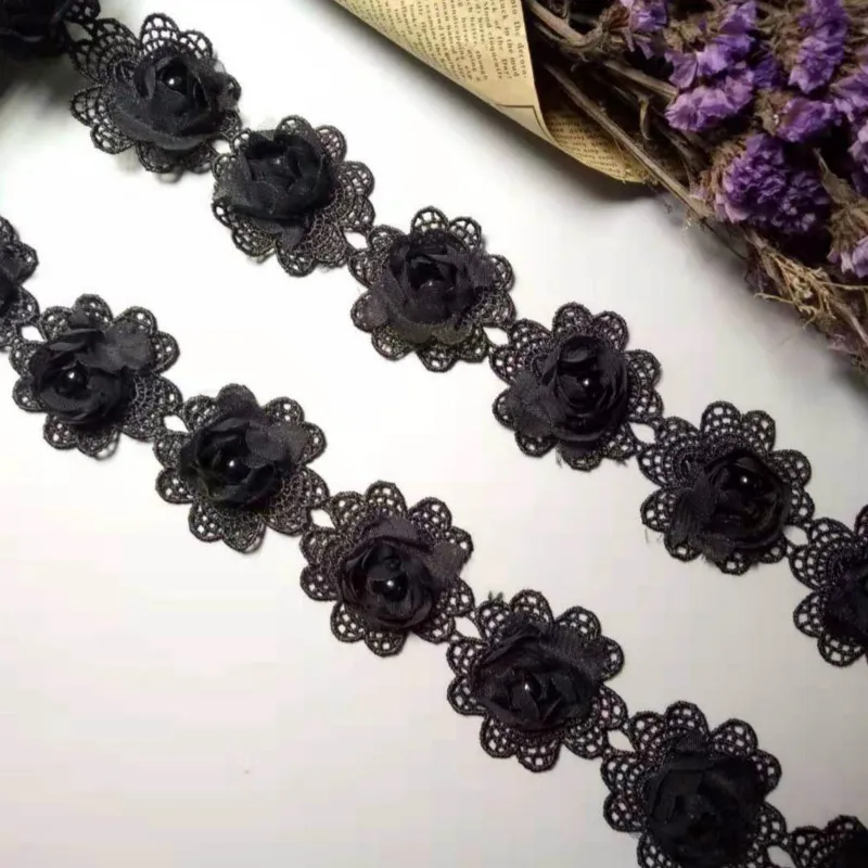 20 шт./лот черная хлопковая лента 5 х5 см с вышитыми жемчужинами и цветами тесьма