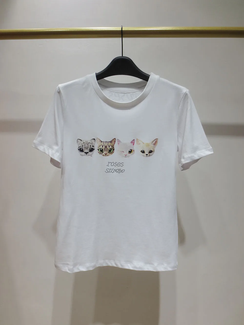 

Summer Elegant Cute Printed Cartoon Cat All-Match White Top Slimming Short-Sleeved T-shirt New Cotton Top for Women