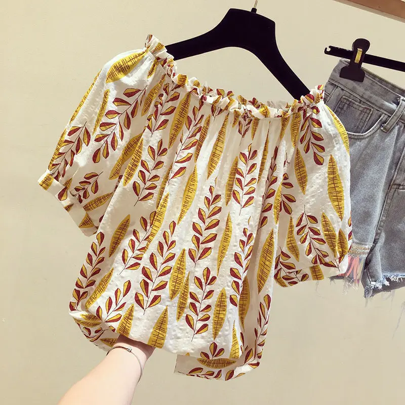 

Шифоновая женская блузка с воротником-лодочкой и принтом, Новинка лета 2021, элегантные женские топы с коротким рукавом